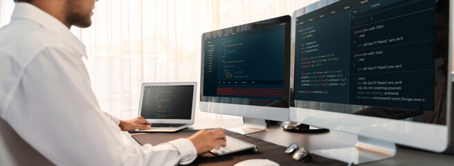 Software engineer working on application development on his computer display code and script on monitor at tech company office workplace. Application developer solving and writing code. Trailblazing