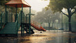 An empty playground with rain drops bouncing off the swings and slides
