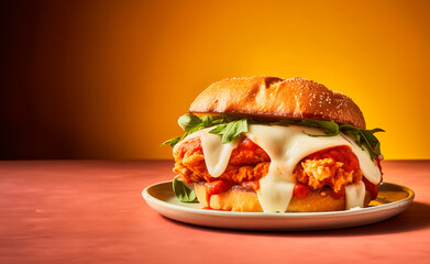 Wall Mural - A Rustic Chicken Parmesan Sandwich on a Background with Ample Copy Space - A Culinary Dish Loaded with Crispy Chicken, Melted Cheese, and Flavorful Ingredients