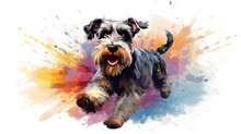 Cool Looking Schnauzer Dog Running In Abstract Mixed Grunge Colors Illustration.