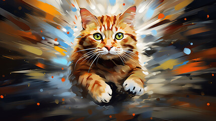 Wall Mural - Cool looking orange tabby cat running in abstract mixed grunge colors illustration.