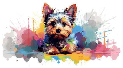 Wall Mural - Cute Yorkshire terrier puppy in abstract mixed grunge colors illustration.