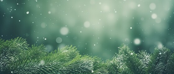 close up snow-covered fir green branches and snowfall flakes, christmas banner background