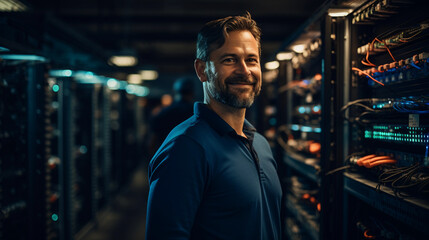 Wall Mural - A friendly IT technician in a server room, managing and troubleshooting network equipment