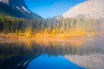 Wall Mural - fall. landscape during sunrise. autumn trees on the river bank. mountains and forest. reflections on