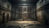 Fototapeta  - An eerie, abandoned prison cell with rusty bars and a damp floor