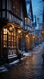 Fototapeta Londyn - view of the old town country, winter wonderland village with snow and lanterns, generative ai