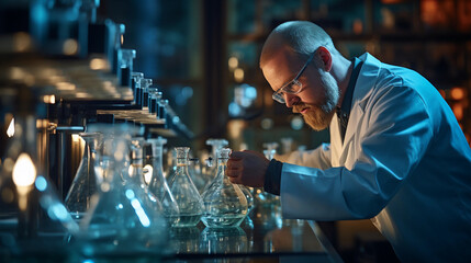 Wall Mural - A focused scientist in a laboratory, wearing a lab coat and conducting experiments with scientific equipment