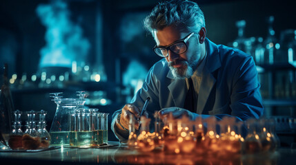 Wall Mural - A focused scientist in a laboratory, wearing a lab coat and conducting experiments with scientific equipment