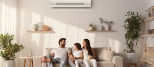 Contented Family Relaxing Under AC Unit On Neutral Wall At Residence