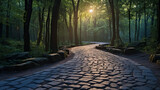 Fototapeta Natura - A winding, cobblestone path winds its way through a thick, lush forest The sky is a deep, brilliant blue, and the sun is setting in the distance