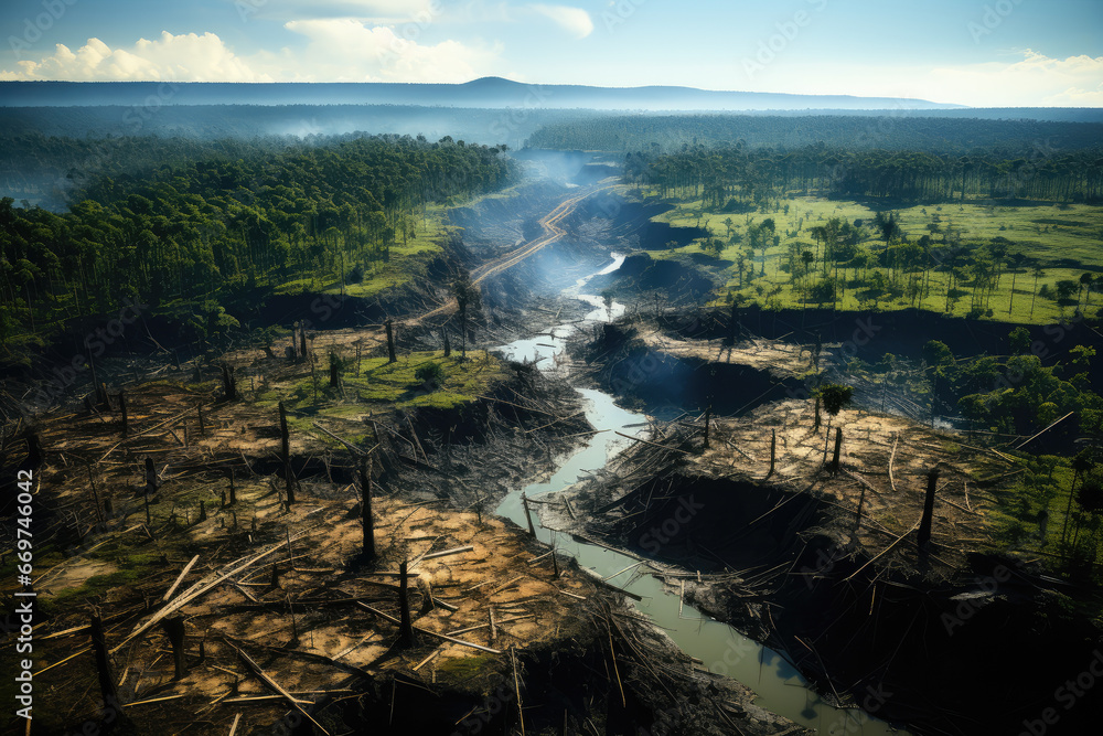 A satellite image showing deforestation in the Amazon rainforest ...