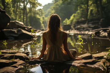 Sticker - A person doing yoga in a serene natural setting, reflecting the connection between holistic well-being and healthcare. Generative Ai.