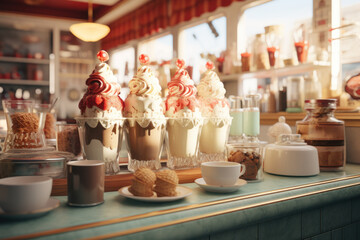 Canvas Print - A nostalgic ice cream parlor, complete with old-fashioned scoops and syrupy toppings. Generative Ai.