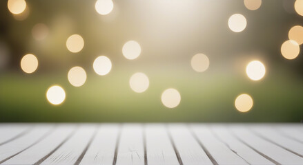 Wall Mural - green background with wooden floor and bokeh