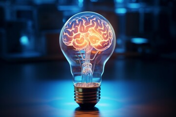 Wall Mural - Brain light bulb human brain glowing inside of light bulb. Conceptual symbol of idea and insight