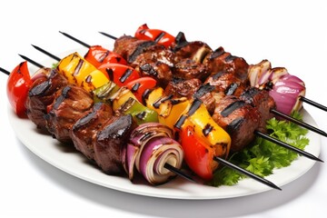 Wall Mural - Appetizing shish kebab on skewers. Traditional American cuisine. Popular authentic dishes. Background