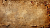 Fototapeta  - Vintage torn paper texture background, old page from rare book with text. Dirty worn crumpled ancient parchment. Theme of antique, grunge, medieval manuscript, history, journal