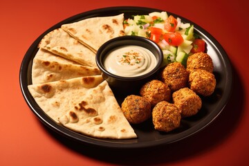 Wall Mural - Culinary Journey to the Middle East: A Falafel Platter with Tahini Sauce and Pita Bread - A Delicious Vegetarian Dish That Celebrates the Flavors of Middle Eastern Cuisine.

