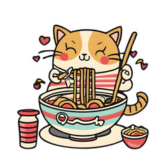  llustration vector graphic of cute cat eats ramen. japanese food noodles. Retro background with animal. Perfect for print or tshirt design, generative AI