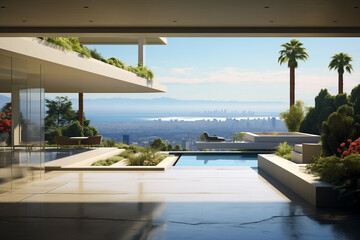 Front of an entrance area of a luxurious residence in beach area, with the city of Los Angeles visible in the distance