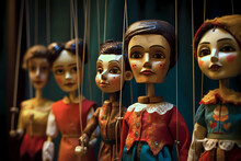 Traditional European Marionette Puppets Wearing Hostorical 18th Or 19th Century Costumes With Strings