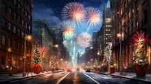New York City Street With Christmas Tree And Fireworks At Night, USA. Generativa IA