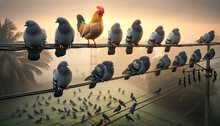 Who Am I? Where Am I? (There's A Chicken Sitting Together Among The Pigeons Sitting On The Electric Wire) Generative AI