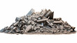 Panorama. A pile of gray concrete debris remains of a destroyed building on a white. generative ai