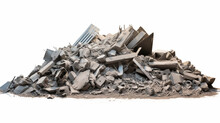 Panorama. A Pile Of Gray Concrete Debris Remains Of A Destroyed Building On A White. Generative Ai