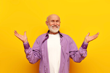 old bald grandfather with gray beard holding empty hands on yellow isolated background, elderly pensioner showing