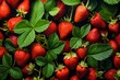 Vibrant strawberries, leaves, overhead view. Generative AI
