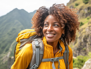 A portrait of smiling black girl tourist in beautiful mountain tracking route. Woman wear the sport active wear with backpack. Ai generative