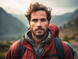 A portrait of handsome guy tourist in beautiful mountain tracking route. Man wear the sport active wear with backpack. Ai generative