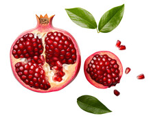 Ripe Pomegranate Fruit Isolated On Transparency Background Cutout, Top View - Generative AI