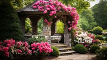 A Charming Stone Gazebo Surrounded By A Profusion Of Colorful, Fragrant Blooms