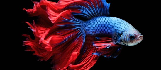 Sticker - Siamese fighting fish with blue and red colors on a black background commonly known as Betta splendens Clipping path available