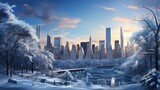 Fototapeta  - A cosmopolitan cityscape, skyscrapers shrouded in a blanket of snow, presents a serene yet vibrant winter tableau. Generative AI.