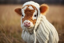 Cute Baby Cow In Cozy Attire: A Fluffy And Adorable Spotted Calf. Generative AI