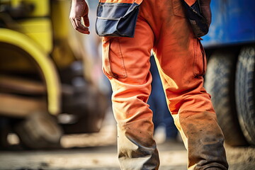 Taken from behind, worker in trousers working and holding safety helmet