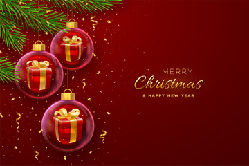 Wall Mural - Merry christmas greeting card or banner. Hanging transparent glass balls baubles with gift boxes inside, pine branches on red background, golden confetti. New Year Xmas design. Vector illustration.