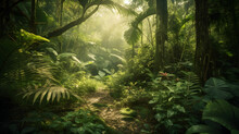Path Through A Sunny Rainforest. Adventure Into The Heart Of The Jungle. Beauty And Nature's Splendor.