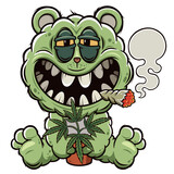 Fototapeta Dinusie - Vector illustration of Cartoon Teddy bear smokes a cigarette with marijuana, Cannabis leaves, print for t-shirts 