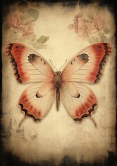 butterfly sitting wall pink grey color avatar antique hand tinted flight red white female floating nature princess poppycock silk screen anomalous object