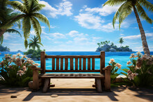 Wooden Bench With Flowers In The Middle Of Two Palm Trees On The Shore Of A Blue Sea, Generative Ai