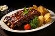 Delicious pork ribs served with flavorful potatoes. Generative AI