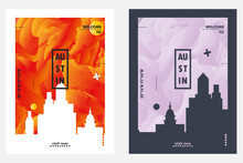 USA Austin City Poster Pack With Abstract Skyline, Cityscape, Landmark And Attraction. Texas Travel Vector Illustration Layout Set For Vertical Brochure, Website, Flyer, Presentation