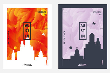 Sticker - USA Austin city poster pack with abstract skyline, cityscape, landmark and attraction. Texas travel vector illustration layout set for vertical brochure, website, flyer, presentation