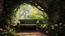 A Rustic Stone Bench Nestled Beneath A Lush Canopy Of Trailing Greenery