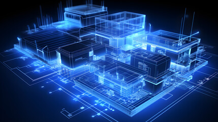 Technology background blueprint building 3d perspective scan line.